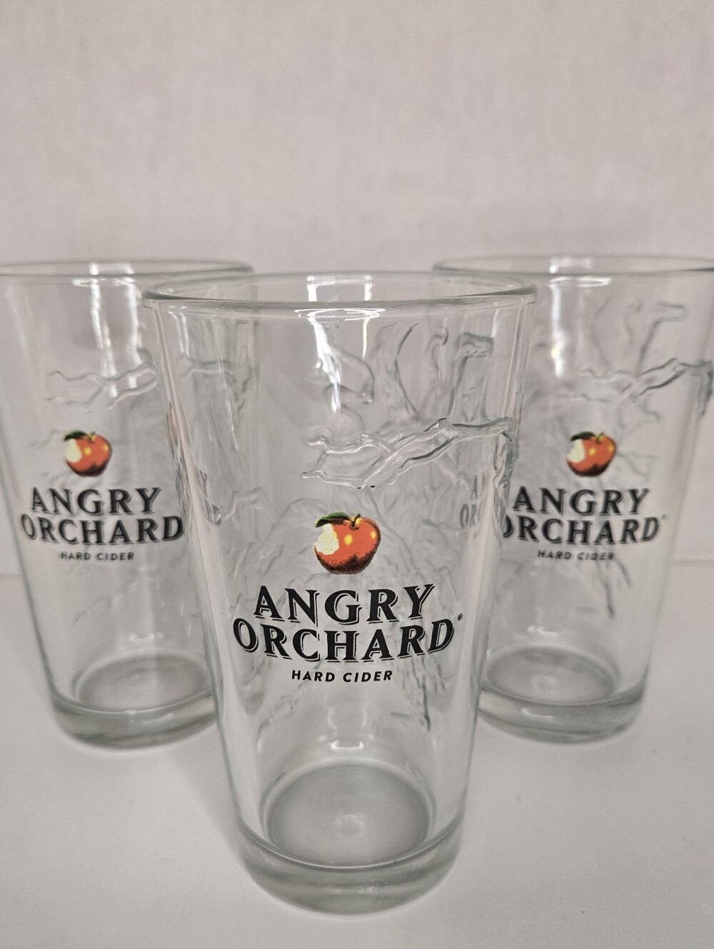 3 Angry Orchard Hard Cider Clear Pint Glasses Red Apple Logo 3D Embossed Tree